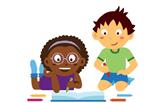 Graphic of Kindergarten kids with crayons 